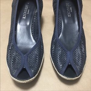 Sesto Meucci Mally Navy Leather Peep Toe Wedge